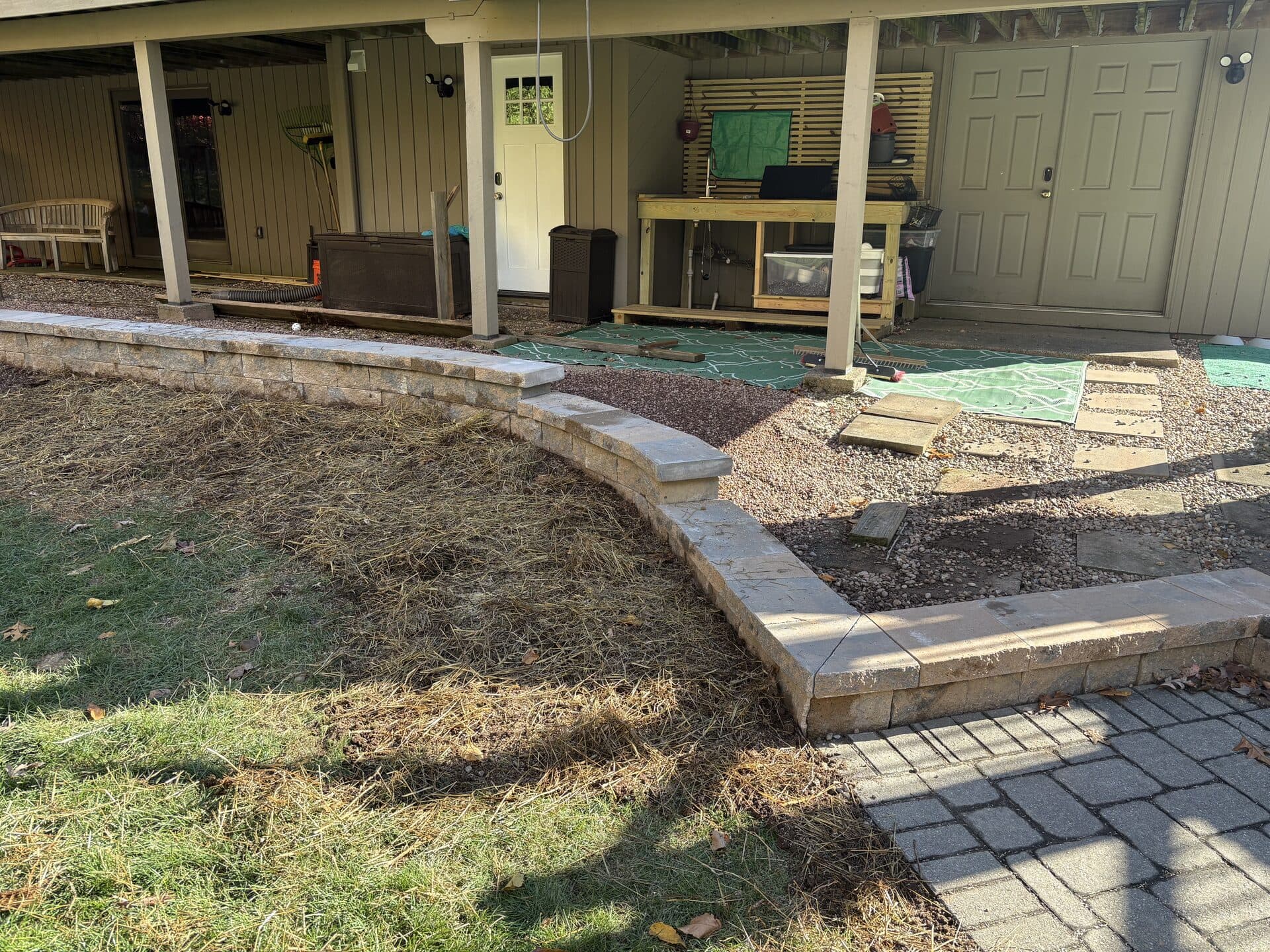 Aerial view of a paver patio installation